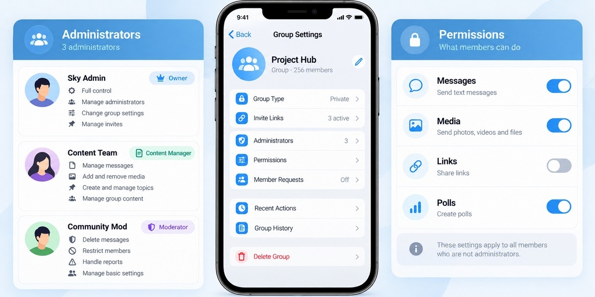 تنظیم Permissions و دسترسی مدیران گروه تلگرام
