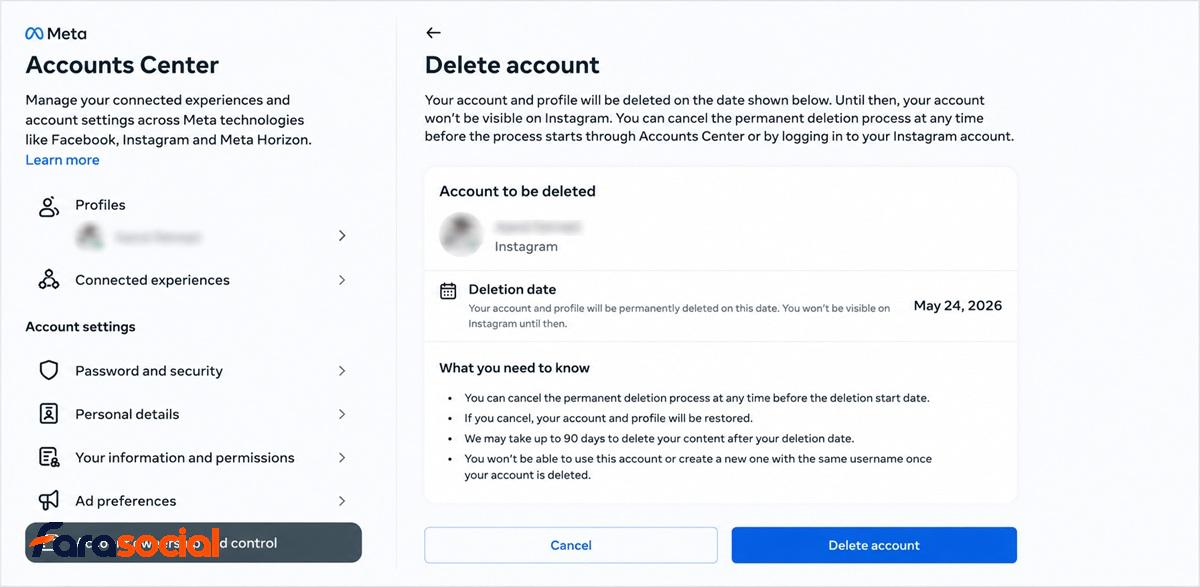 مرحله نهایی Delete account