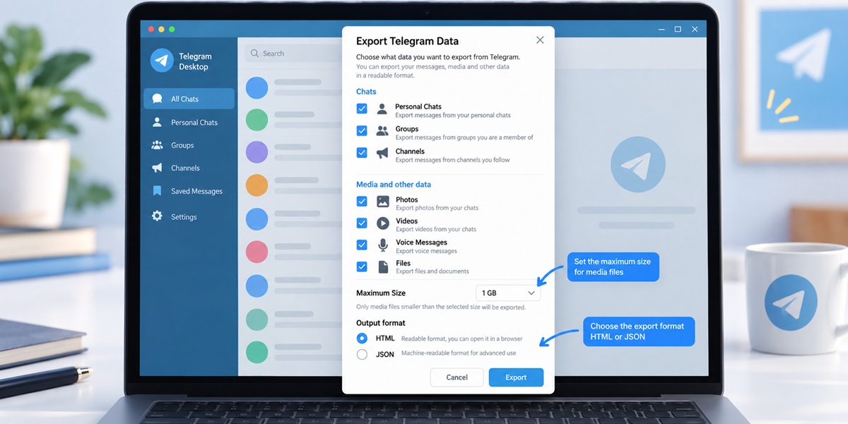 تنظیمات Export Telegram Data در نسخه دسکتاپ