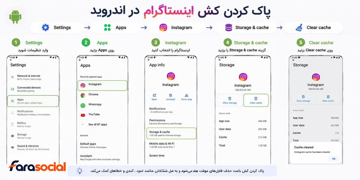 پاک کردن کش اینستاگرام در اندروید برای حل مشکل ورود